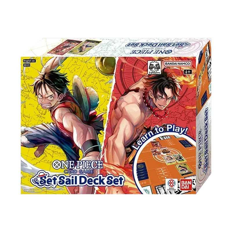 One Piece Card Game Set Sail Deck Set SD-01 featuring two ready-to-play Luffy and Ace decks, DON cards, OP-17 booster pack, deck cases and two-player playsheet.