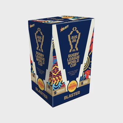 2026 Select Rugby League World Cup Blaster Box featuring international rugby league trading cards from the 2026 tournament, factory sealed.