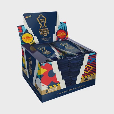 2026 Select Rugby League World Cup RLWC Hobby Box containing 36 sealed trading card packs featuring international rugby league players and national teams.
