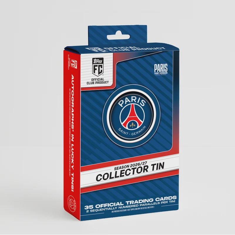 2026-27 Topps Paris Saint-Germain PSG Collector Tin containing 35 football trading cards, including two guaranteed sequentially numbered parallels and autograph chase cards.