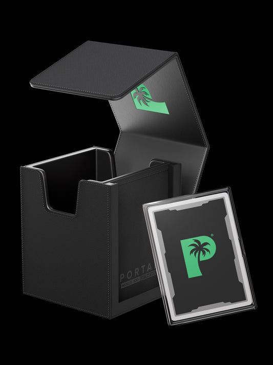 A black card protector box with its lid open, shown alongside a clear protective sleeve containing a card with a green palm tree logo, on a solid black background.