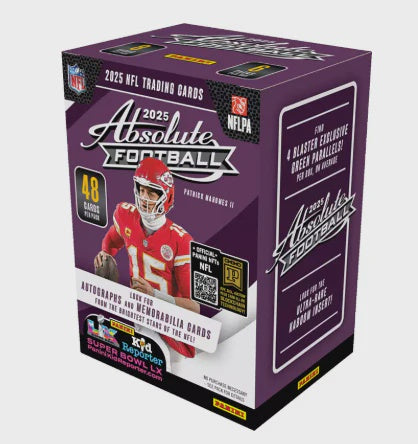 2023 Absolute Football trading card pack with player image and text on a purple background