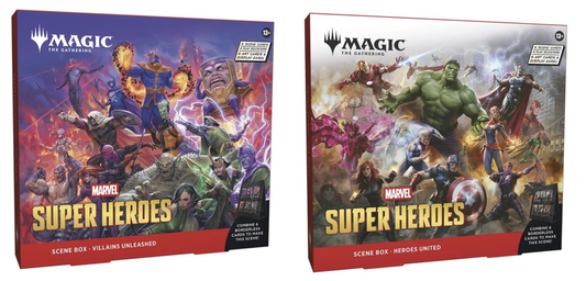 Magic: The Gathering Marvel Super Heroes Scene Box featuring exclusive foil scene cards, Play Boosters and display easel.