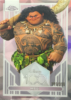 2023 Topps Chrome Disney 100 Maui Pink Refractor /399 trading card featuring Maui from Moana.