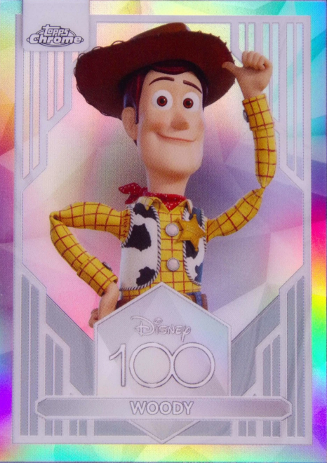 Disney100 Woody Refractor trading card featuring Woody from Toy Story with a premium chrome Refractor finish.