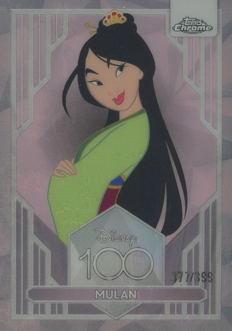 Disney100 Mulan Pink Refractor trading card serial numbered to 399 featuring the iconic Disney heroine.