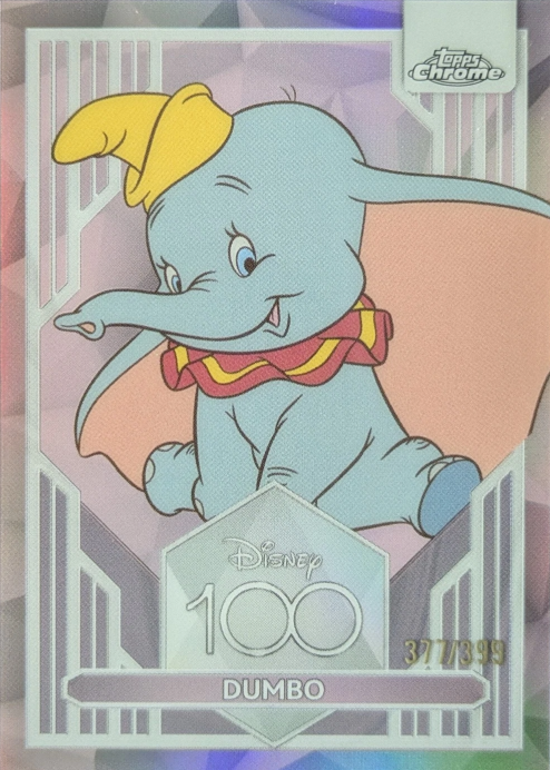 Disney100 Dumbo Refractor trading card featuring Dumbo with a premium chrome Refractor finish.