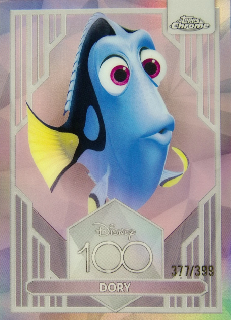 Disney100 Dory Pink Refractor trading card serial numbered to 399 featuring the beloved Pixar character Dory.