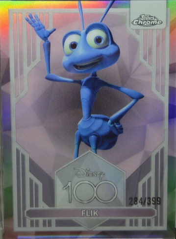 Disney100 Flik Pink Refractor trading card serial numbered to 399 featuring Flik from Disney and Pixar's A Bug's Life.