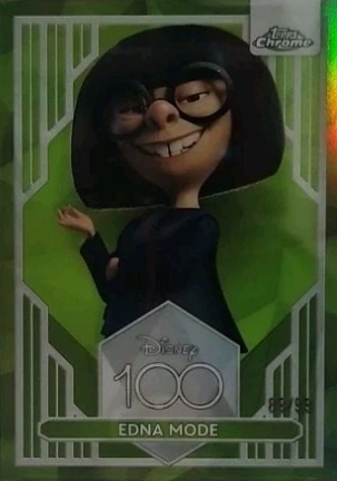 Disney100 Edna Mode Green Refractor trading card serial numbered to 99 featuring Edna Mode from Disney and Pixar's The Incredibles.