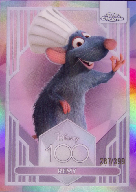Disney100 Remy Pink Refractor trading card serial numbered to 399 featuring Remy from Disney and Pixar's Ratatouille.
