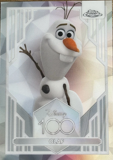 Disney100 Olaf Refractor trading card featuring Olaf from Disney's Frozen with a premium chrome Refractor finish.