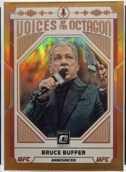 A collectible trading card for UFC's 'Voices of the Octagon' event, featuring UFC Promotions branding and a portrait of announcer Bruce Buffer holding a microphone.