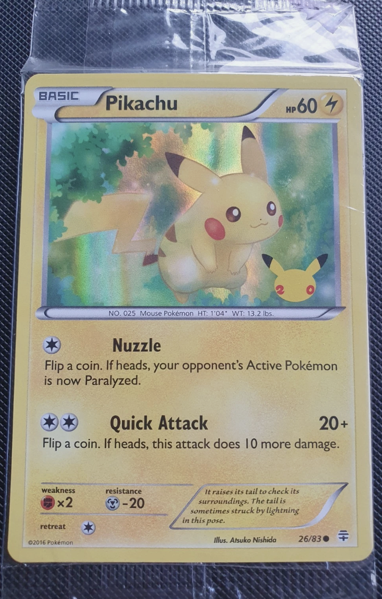 2016 Pokémon Generations Pikachu 26/83 20th Anniversary stamped promotional card factory sealed.
