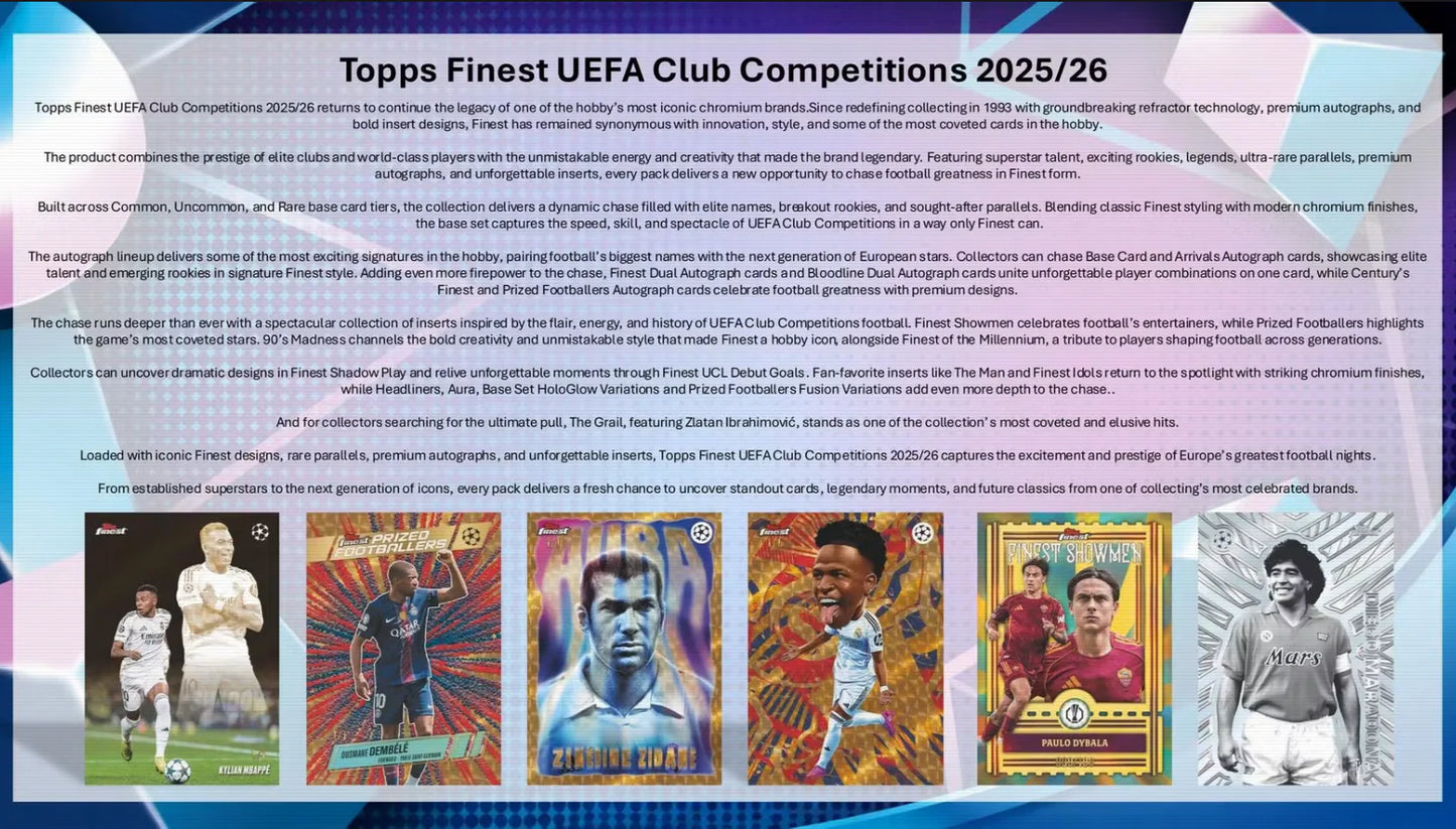 2025-26 Topps Finest UEFA Club Competitions Soccer Hobby Box (Pre-Order)