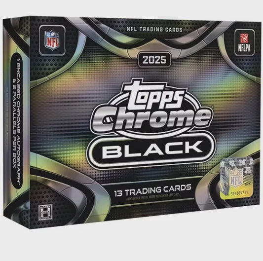 2025 Topps Chrome Black Football NFL Hobby Box factory sealed with 1 autograph per box and premium chromium NFL trading cards.