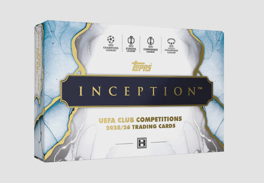 Factory sealed 2025/26 Topps Inception UEFA Club Competitions Soccer Hobby Box containing 1 autograph and 2 numbered parallels.