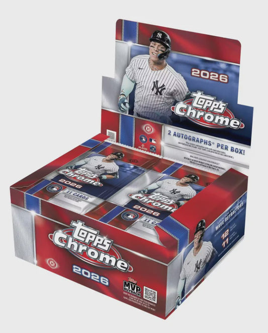 Factory sealed 2026 Topps Chrome Baseball Hobby Jumbo Box pre-order containing 12 packs with 11 cards per pack and two autographs per box on average.