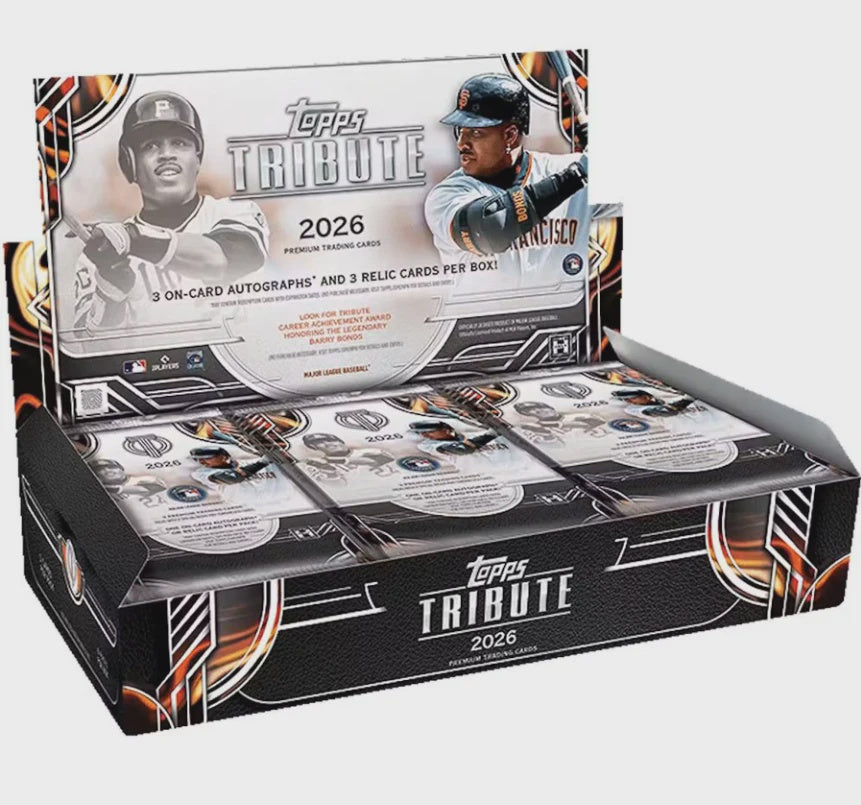 Factory sealed 2026 Topps Tribute Baseball Hobby Box containing 6 packs with 3 autographs or autograph relics and 3 relic cards per box.