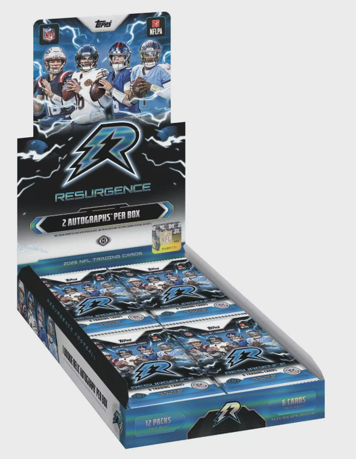 2025 Topps Resurgence Football NFL Hobby Box featuring two autographs, one Rookie Relic Autograph and premium Chrome football trading cards.