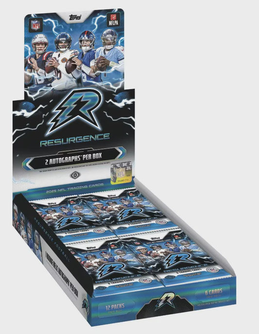 2025 Topps Resurgence Football NFL Hobby Box featuring two autographs, one Rookie Relic Autograph and premium Chrome football trading cards.
