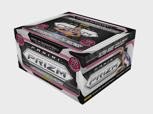 2025-26 Panini Prizm Basketball Hobby Box factory sealed pre-order with 3 autographs, 24 Prizms and 12 inserts per box.