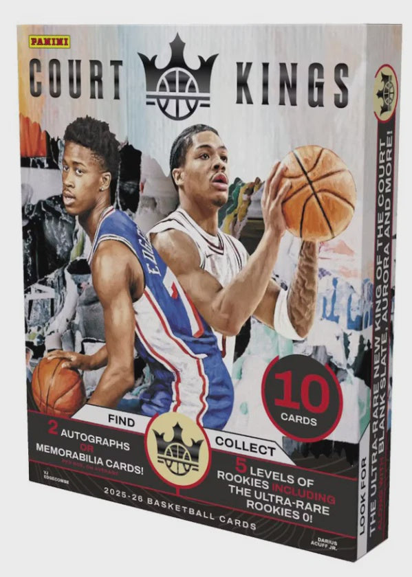 Factory sealed 2025-26 Panini Court Kings Basketball Hobby Box available for preorder with 10 cards and 2 autographs or memorabilia cards per box.