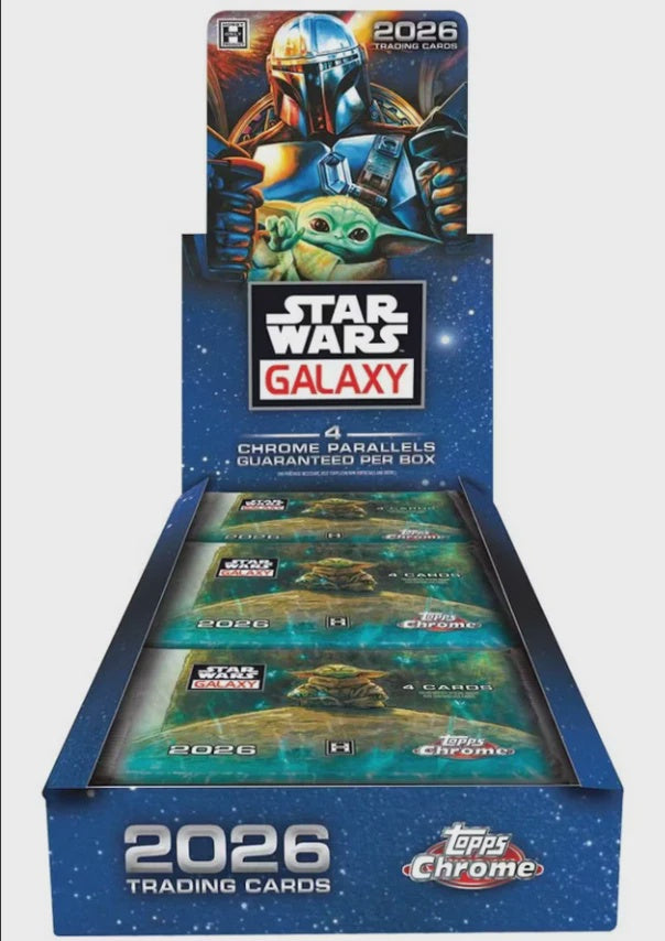 2026 Topps Chrome Star Wars Galaxy Hobby Box factory sealed pre-order featuring Chrome parallels, original artwork, autographs and sketch cards.