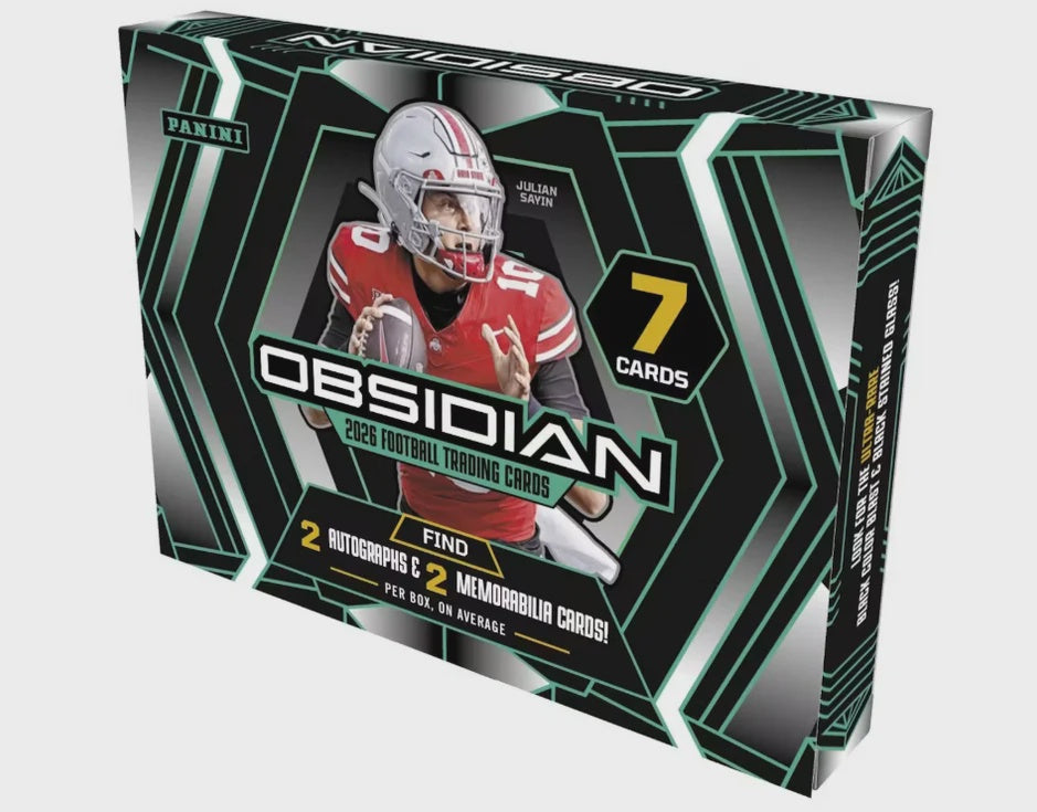 2026 Panini Obsidian NFL Football Hobby Box containing 7 trading cards with premium Opti-Chrome designs, autographs, memorabilia and rare inserts.