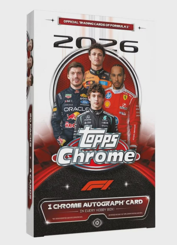 2026 Topps Chrome Formula 1 F1 sealed Hobby Box containing 20 packs of 4 cards, featuring autographs, Chrome Refractors and exclusive Prism parallels.