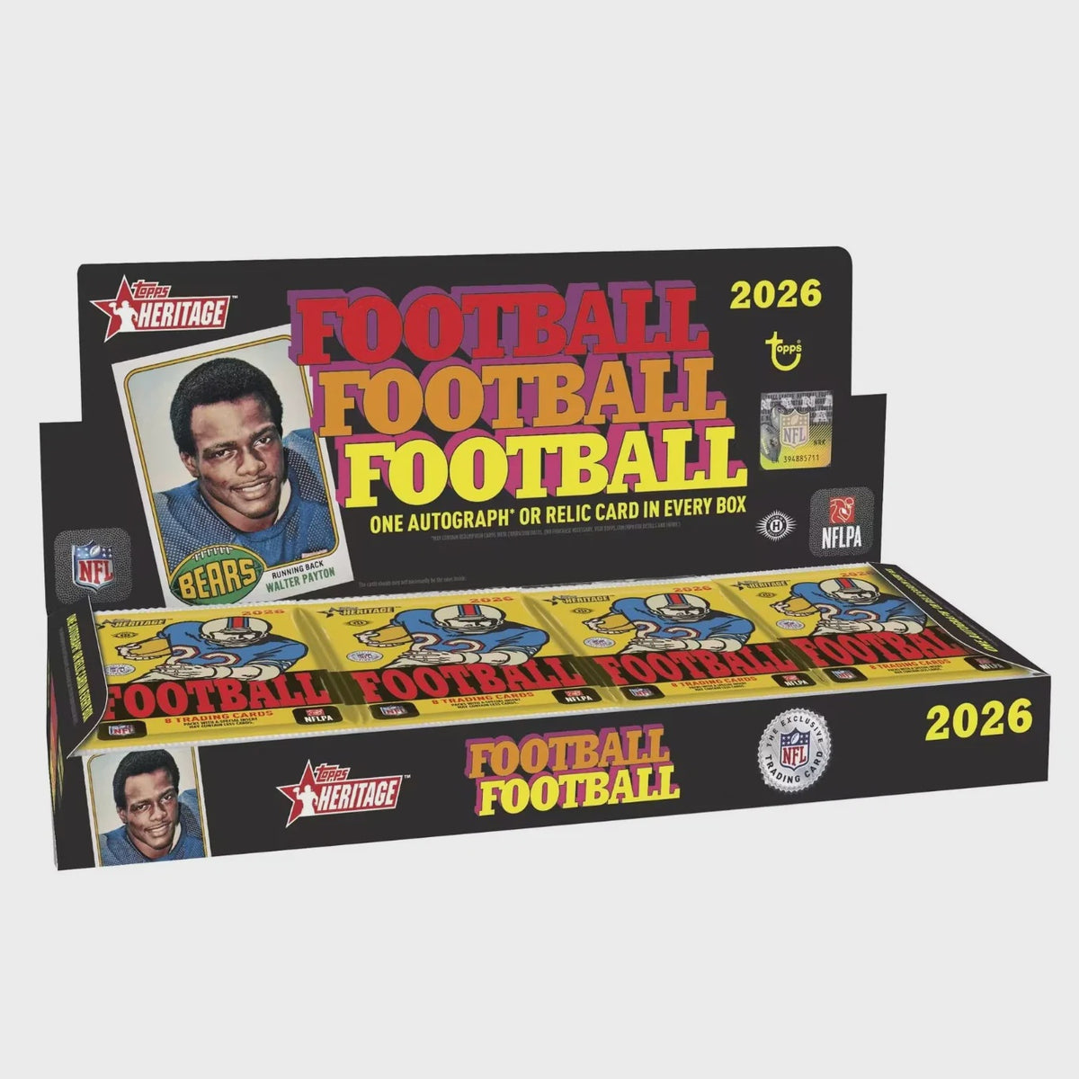 2026 Topps Heritage NFL Football Hobby Box featuring 20 packs of 8 cards, vintage 1976 Topps design and one autograph or relic card per box on average.