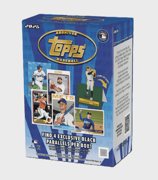 2025 Topps Archives Baseball Blaster Box sealed box with retro Topps designs and Black Foilboard parallels