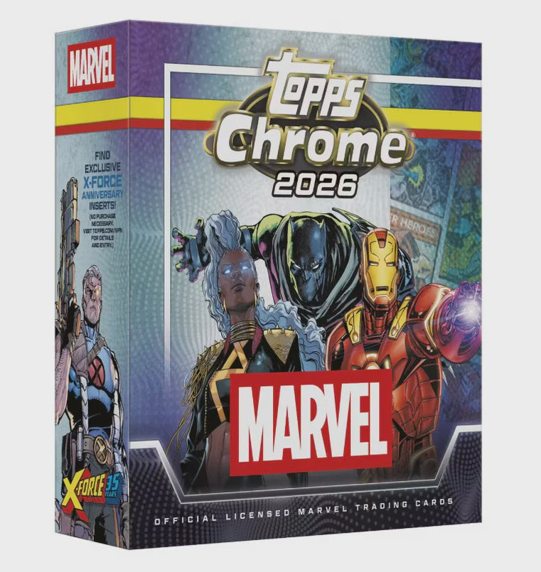 2026 Topps Chrome Marvel Comics Mega Box factory sealed with 8 packs featuring exclusive X-Fractor parallels, autographs and rare Marvel inserts.