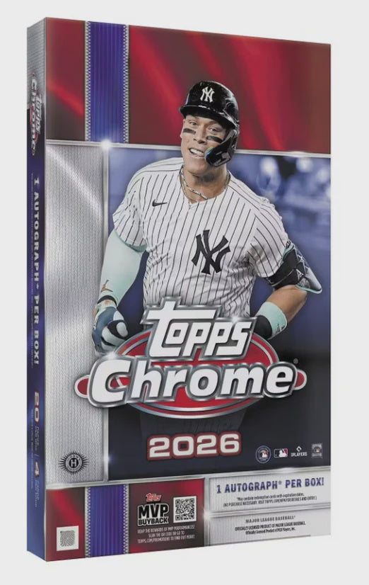 Factory sealed 2026 Topps Chrome Baseball Hobby Box pre-order containing 20 packs with 4 cards per pack and one autograph per box on average.