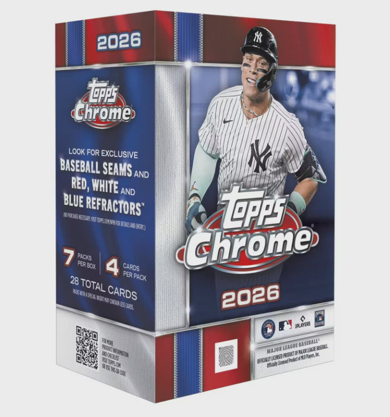 Factory sealed 2026 Topps Chrome Baseball Value Blaster Box pre-order containing 7 packs with 4 cards per pack.