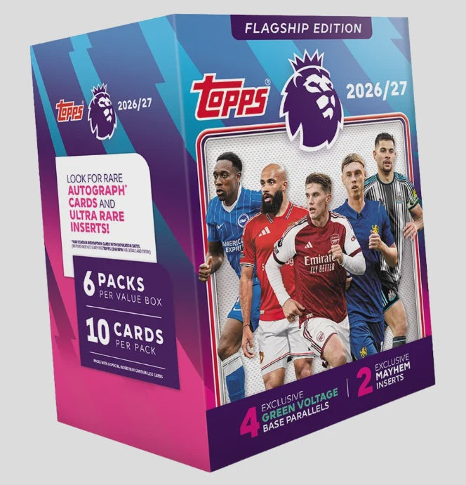 2026-27 Topps Flagship Premier League EPL Soccer Value Blaster Box with 6 packs and 60 trading cards.