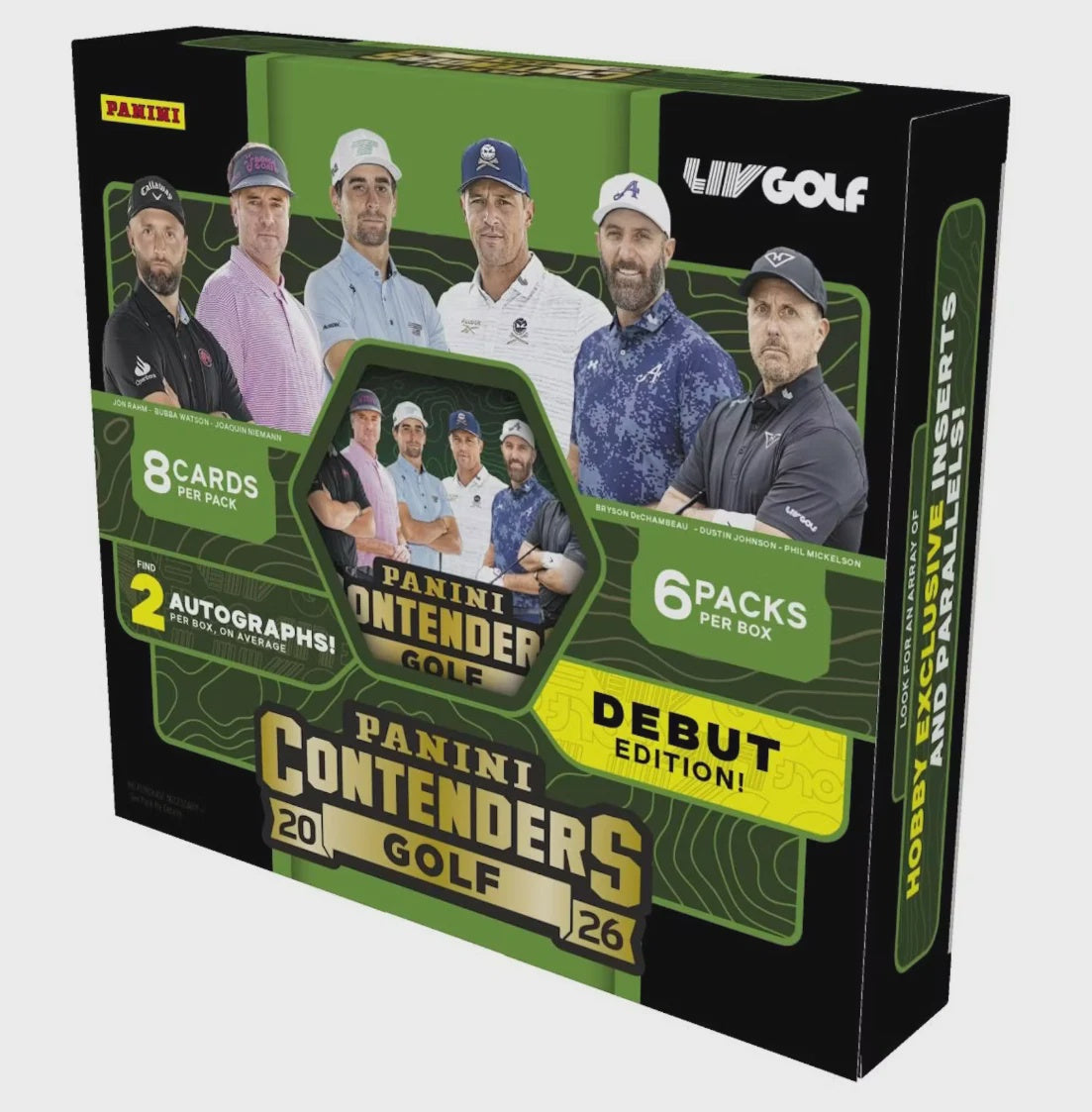 2026 Panini Contenders LIV Golf Hobby Box featuring two autographs per box and ultra-rare Kaboom inserts.