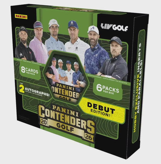2026 Panini Contenders LIV Golf Hobby Box featuring two autographs per box and ultra-rare Kaboom inserts.