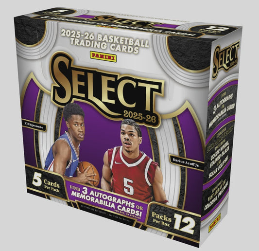 2025-26 Panini Select Basketball Hobby Box containing 12 packs of 5 cards, featuring Opti-Chrome Prizms, autographs, memorabilia and rare inserts.