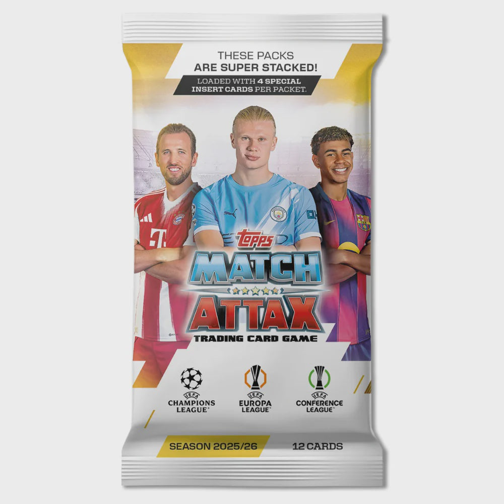 2025-26 Topps Match Attax Soccer trading card pack featuring UEFA Champions League, Europa League and Conference League stars.