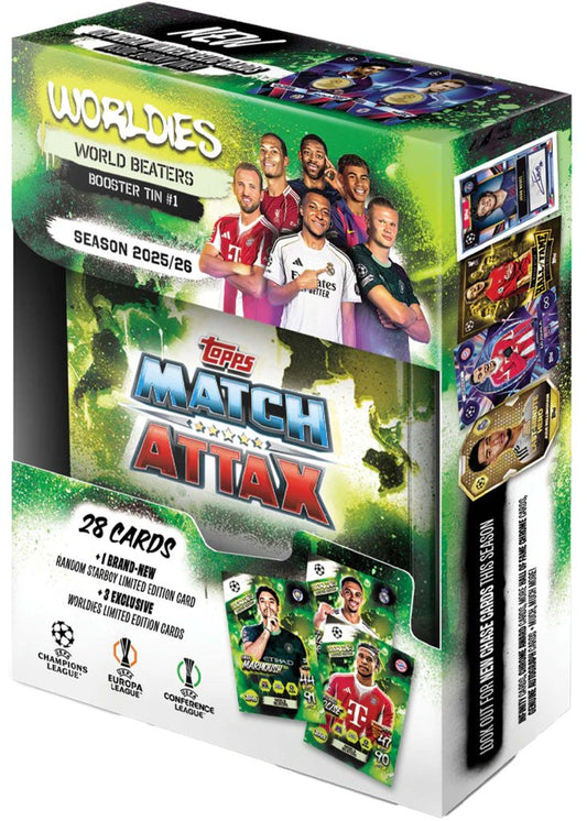 UEFA Match Attax Champions League 2025/2026 Worldies Mini Tin with exclusive Worldies limited edition cards and booster packs.