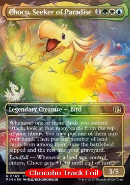 Borderless Choco, Seeker of Paradise Chocobo Track Foil card from Magic: The Gathering FINAL FANTASY (FIN) featuring the premium track foil finish.
