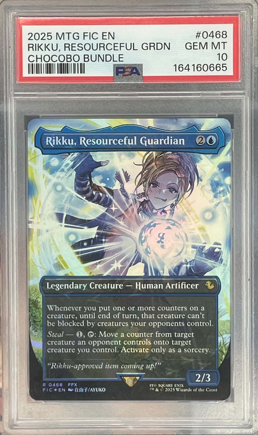 A graded Magic: The Gathering trading card in a clear PSA holder. The card is Rikku, Resourceful Guardian (#046) from the 2025 MTG FIC Enchanted Edition, featuring a blue and green illustration of a girl creating a light orb.