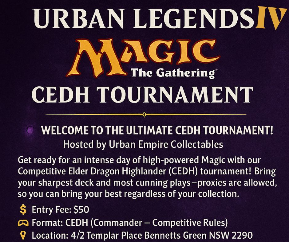 Promotional graphic for the Urban Legends IV Magic: The Gathering CEDH Tournament, featuring event details, entry fee, format, and location on a dark purple background.