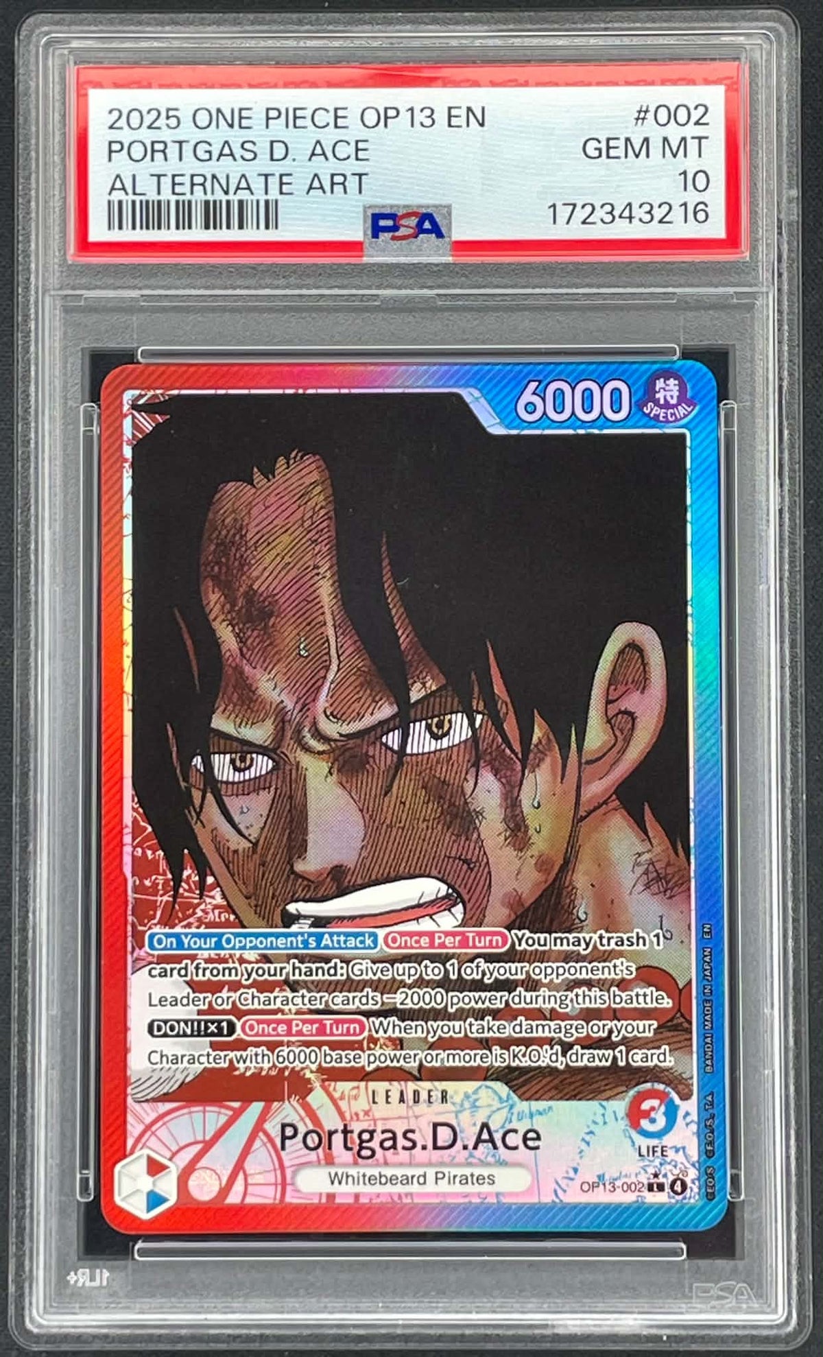 Portgas D Ace OP13-002 Alternate Art Carrying On His Will One Piece Card Game Leader graded PSA 10 Gem Mint