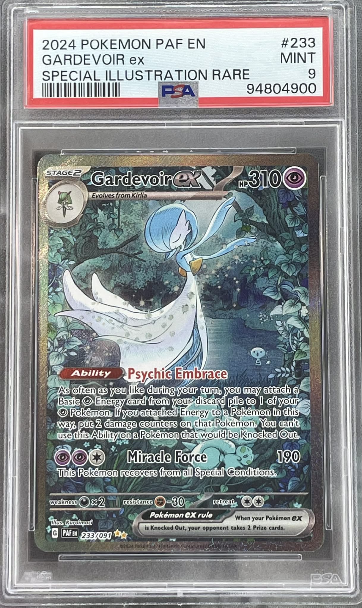 2024 Pokémon Gardevoir ex #233/091 Paldean Fates Special Illustration Rare PSA 9 graded trading card in slab