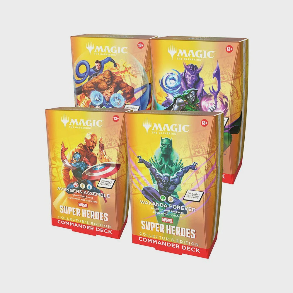 Magic: The Gathering Marvel Super Heroes Collector's Edition Commander Deck featuring 100 Surge Foil cards in a premium ready-to-play Commander deck.