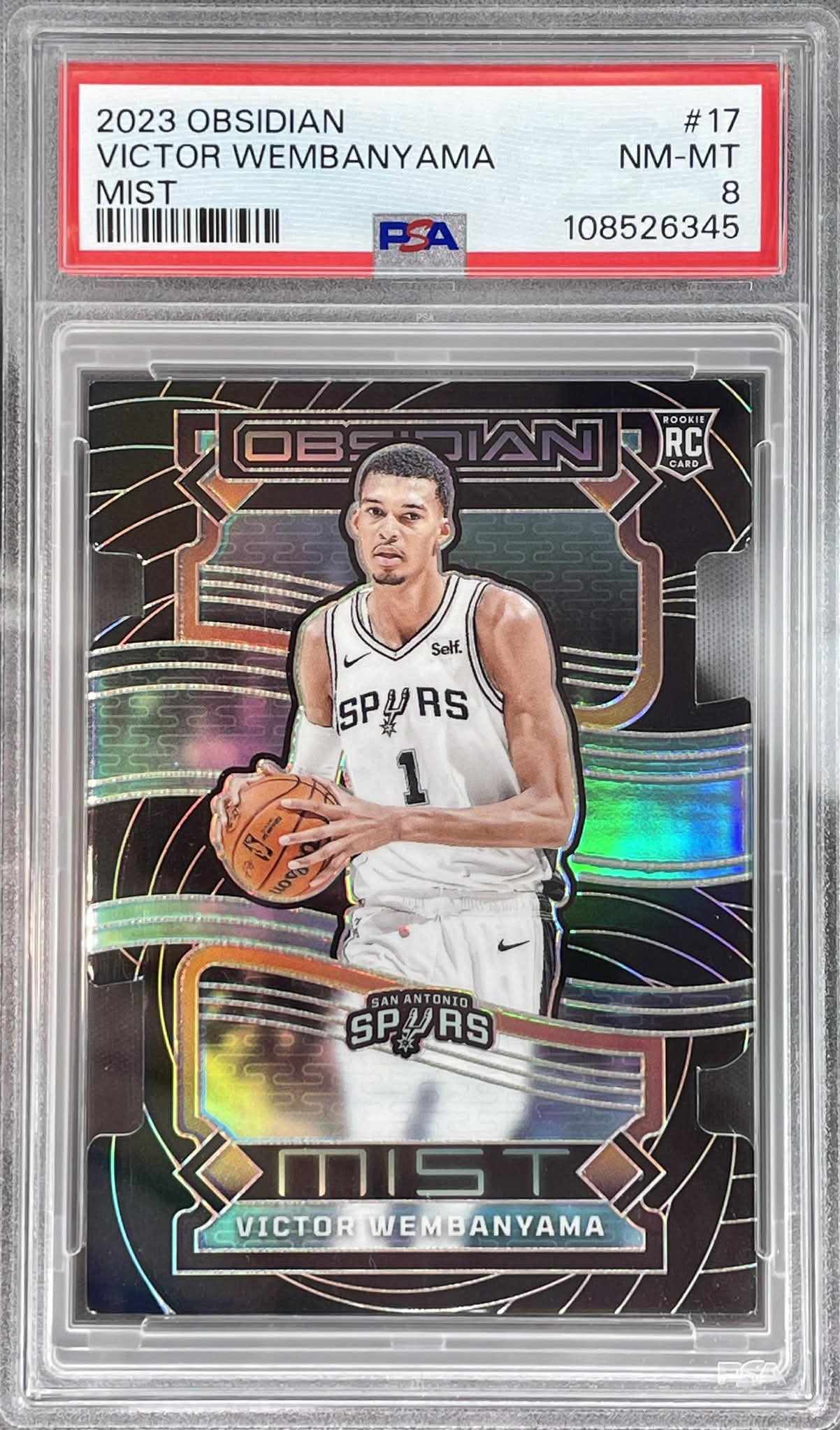 2023 Panini Obsidian Victor Wembanyama Rookie Card #17 PSA 8 slab.