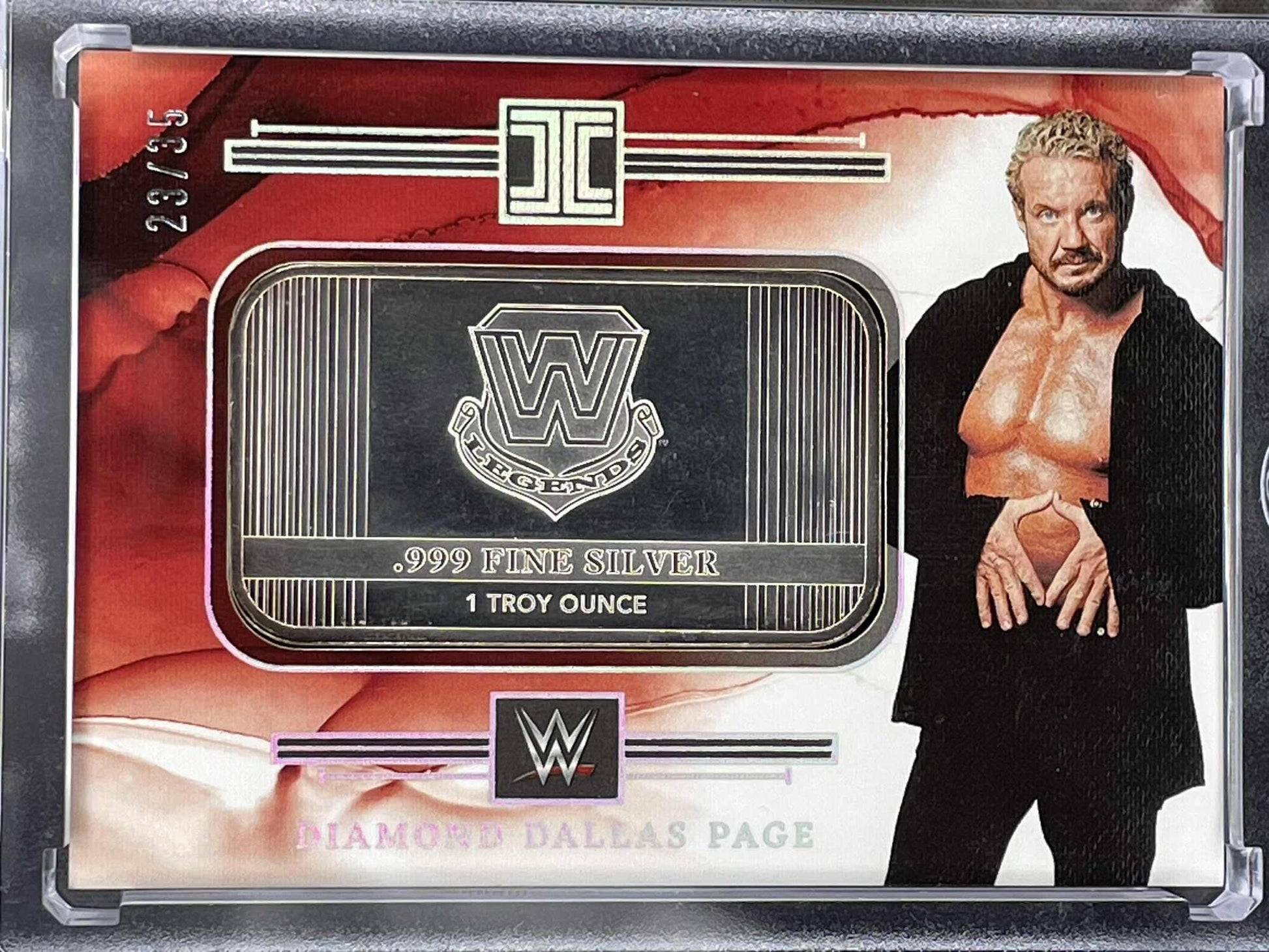 “2023 Panini Impeccable WWE Diamond Dallas Page 1 oz Silver Bar card numbered to 35.”