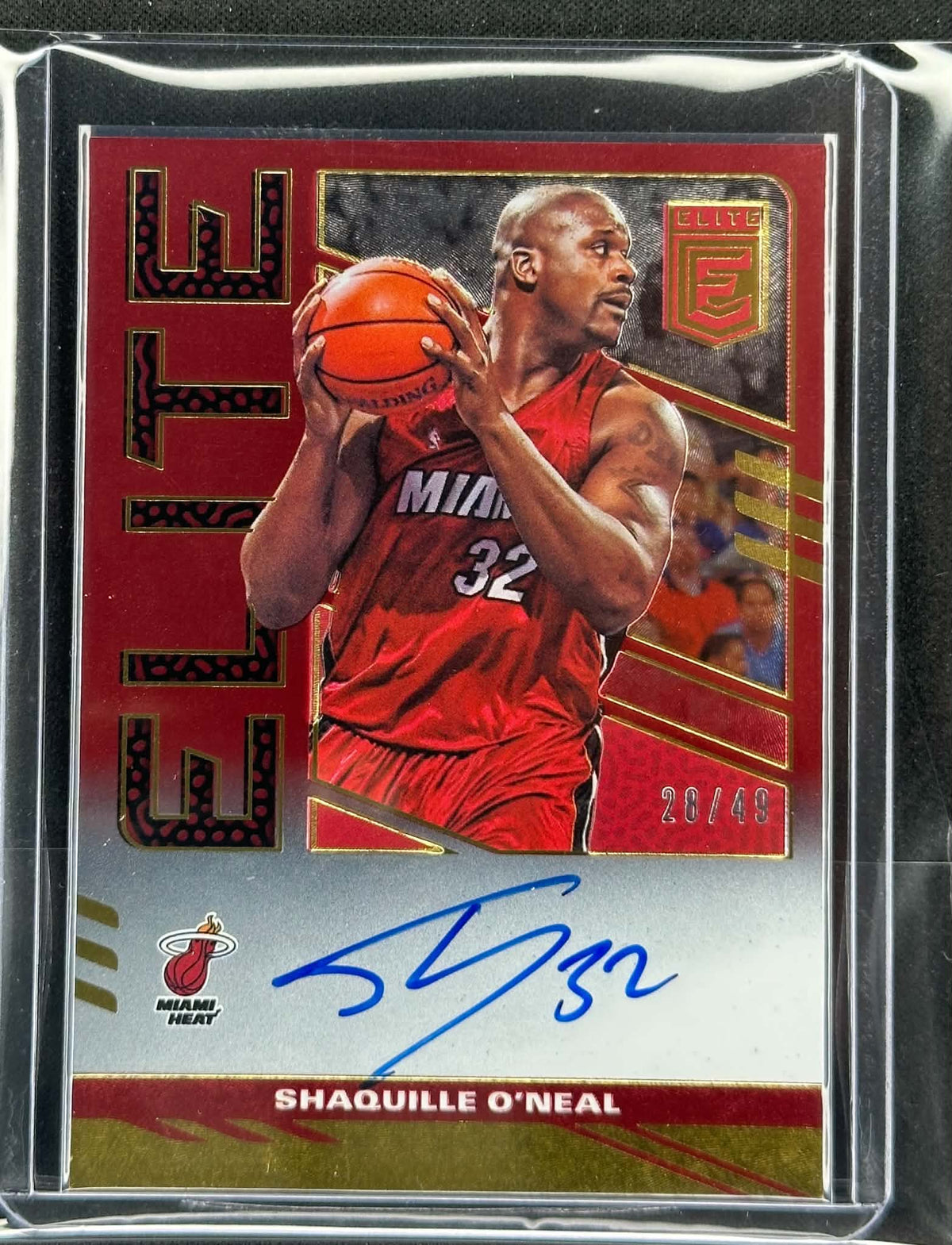 2021-22 Panini Donruss Elite Shaquille O'Neal Elite Signatures Red Autograph #ES-SON numbered /49 Miami Heat basketball card front